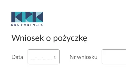 Przedstawienie okna z możliwością złożenia wniosku o pożyczkę na stronie www KRK Partners – w lewym górnym rogu znajduje się logo firmy.